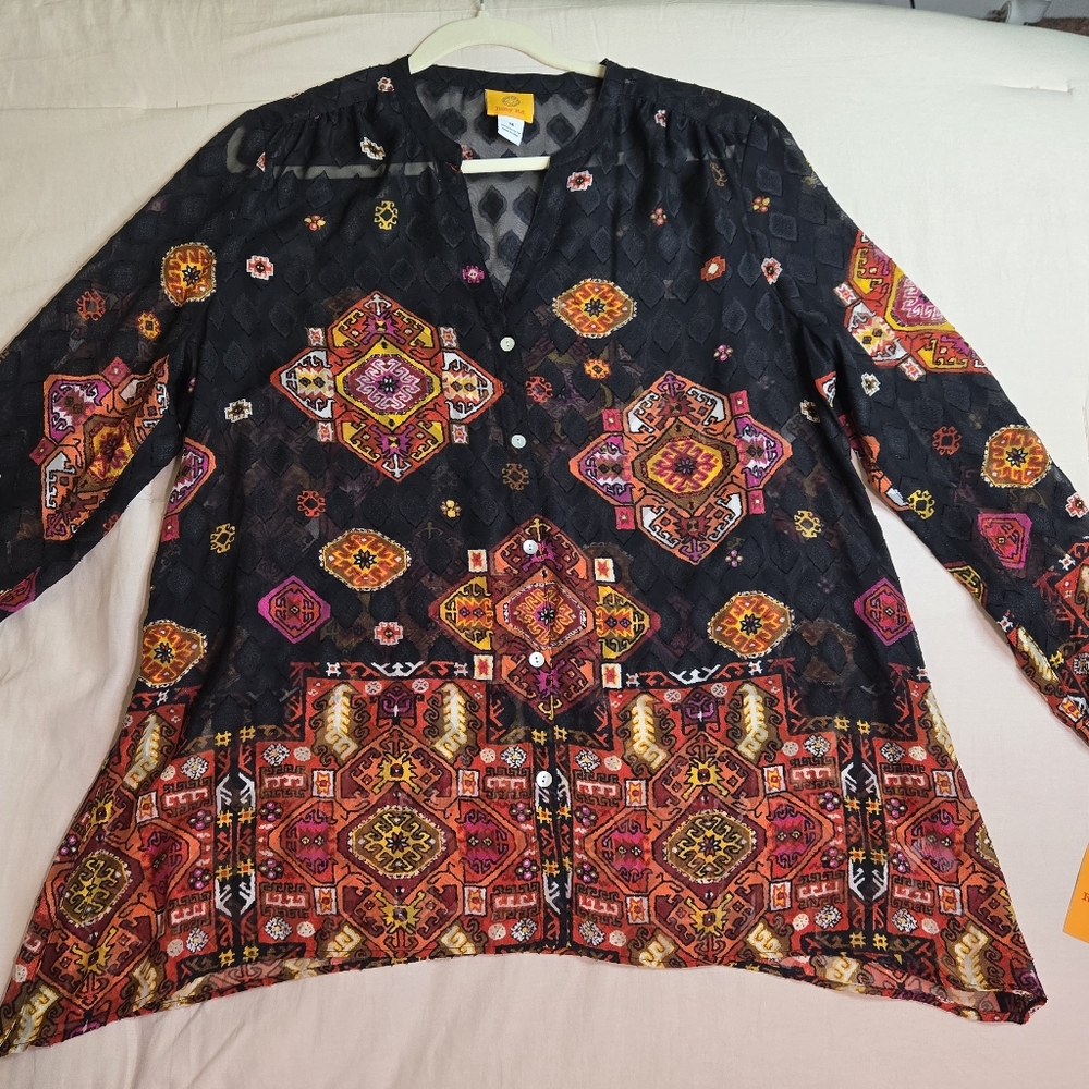 Ruby Rd. Womens Size 16 Semi Sheer Button Up Blouse Artsy Boho Long Sleeve NWT - Picture 1 of 8